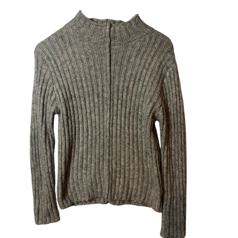 ZARA Wool Blend Ribbed Gray Sweater Women's Size Small Mock Neck Center Seam